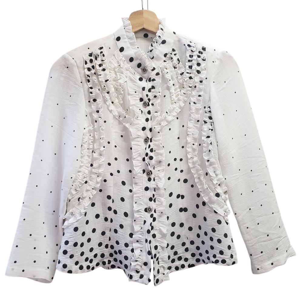 Vintage 70s Blouse Shirt Sexy Secretary Librarian Ruffle Hand Made Polka Dot S